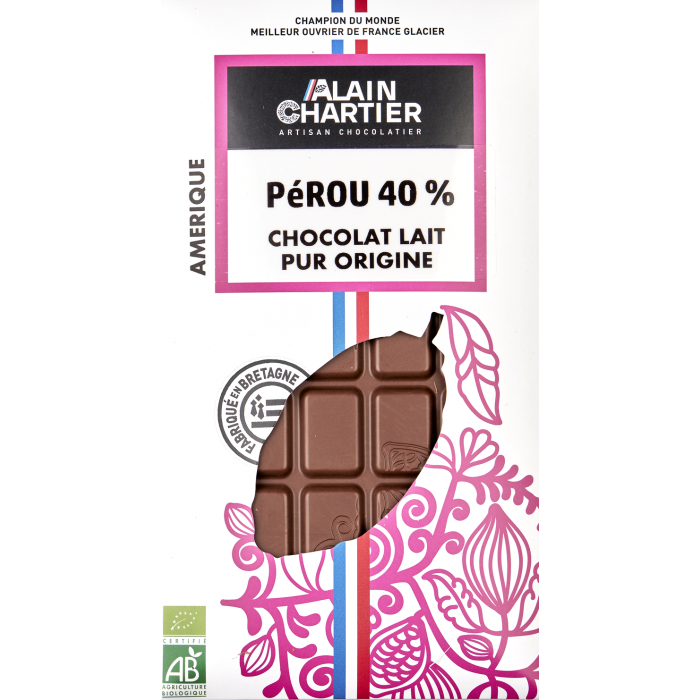 Tablette chocolat lait bio, artisanal Pérou 39%| Alain CHARTIER