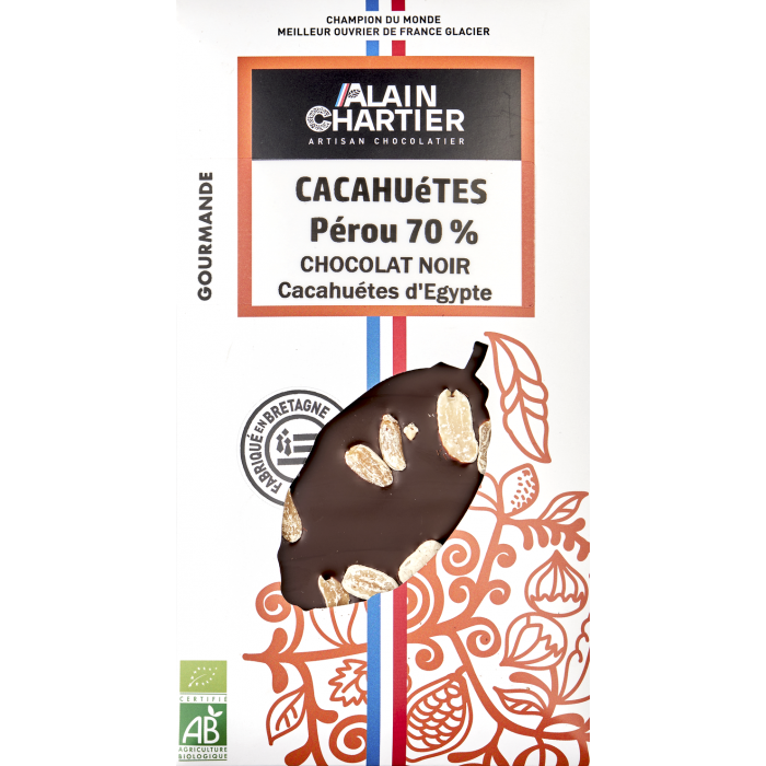 Tablette chocolat noir bio artisanal, Pérou 70% cacahuètes | Alain CHARTIER