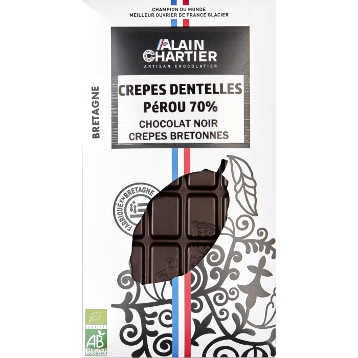 Tablette chocolat noir bio artisanal, Pérou 70% crêpes dentelles| Alain CHARTIER