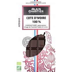Tablette chocolat noir bio artisanal, Côte D'Ivoire 100%. Alain CHARTIER