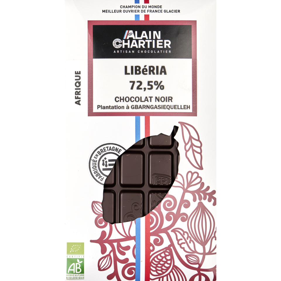 Tablette chocolat noir bio, artisanal Libéria 72,5%. Alain CHARTIER