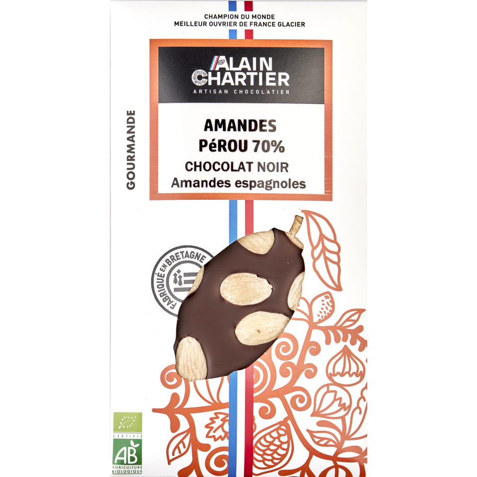 Tablette chocolat noir bio artisanal, Pérou 70% amandes| Alain CHARTIER