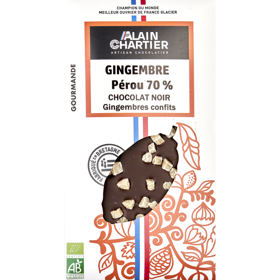 Tablette chocolat noir bio artisanal, Pérou 70% gingembre | Alain CHARTIER