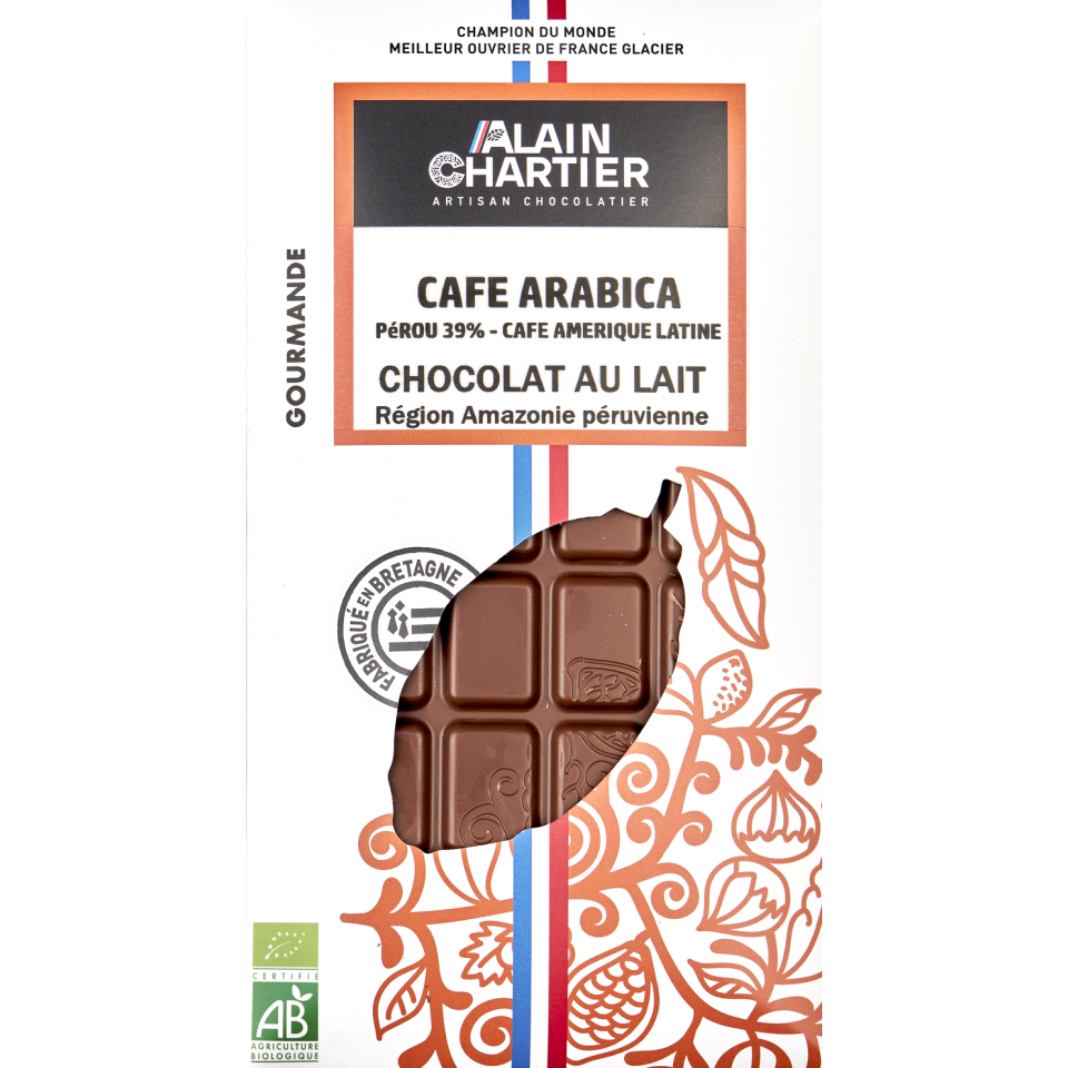 Tablette chocolat lait bio artisanal, Pérou 39% café | Alain CHARTIER