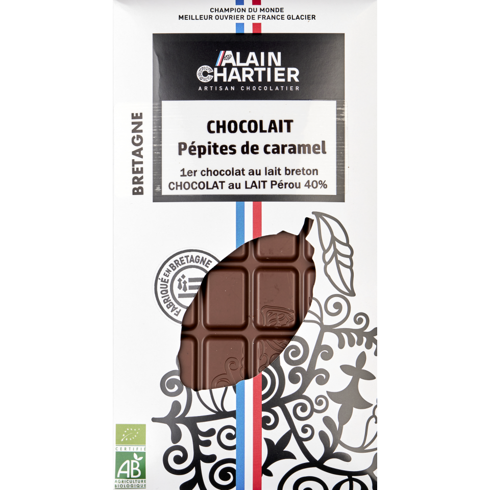 Tablette chocolat lait bio artisanal, Pérou 39% pépites de caramel| Alain CHARTIER