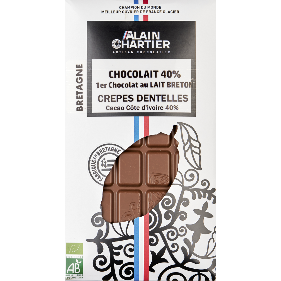 Tablette chocolat lait bio artisanal, Pérou 39% crêpes dentelles| Alain CHARTIER