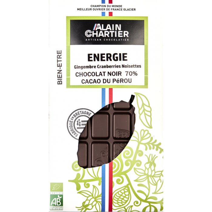 Tablette chocolat noir bio artisanal, Pérou 70% énergie| Alain CHARTIER