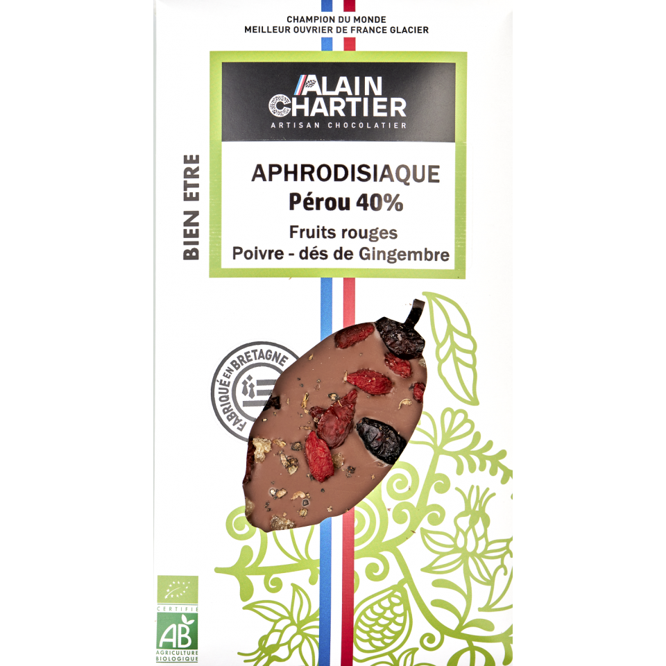 Tablette chocolat lait bio artisanal, Pérou 39% aphrodisiaque | Alain CHARTIER