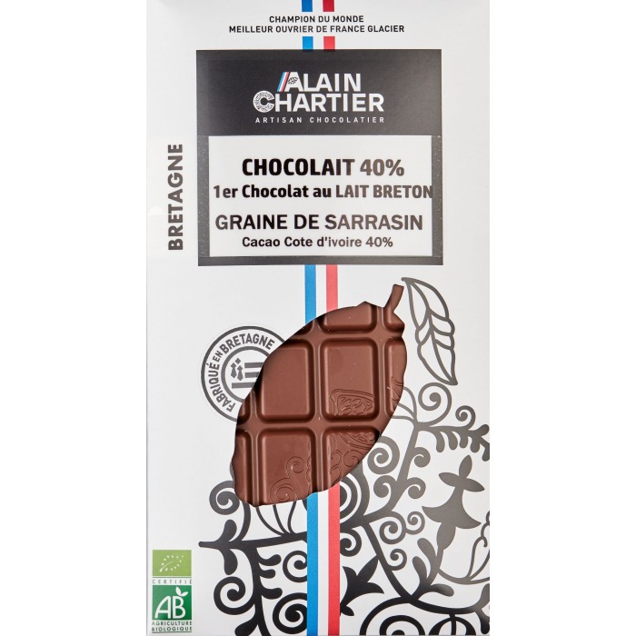 Tablette chocolat lait bio artisanal, Pérou 39% sarrasins toastés| Alain CHARTIER