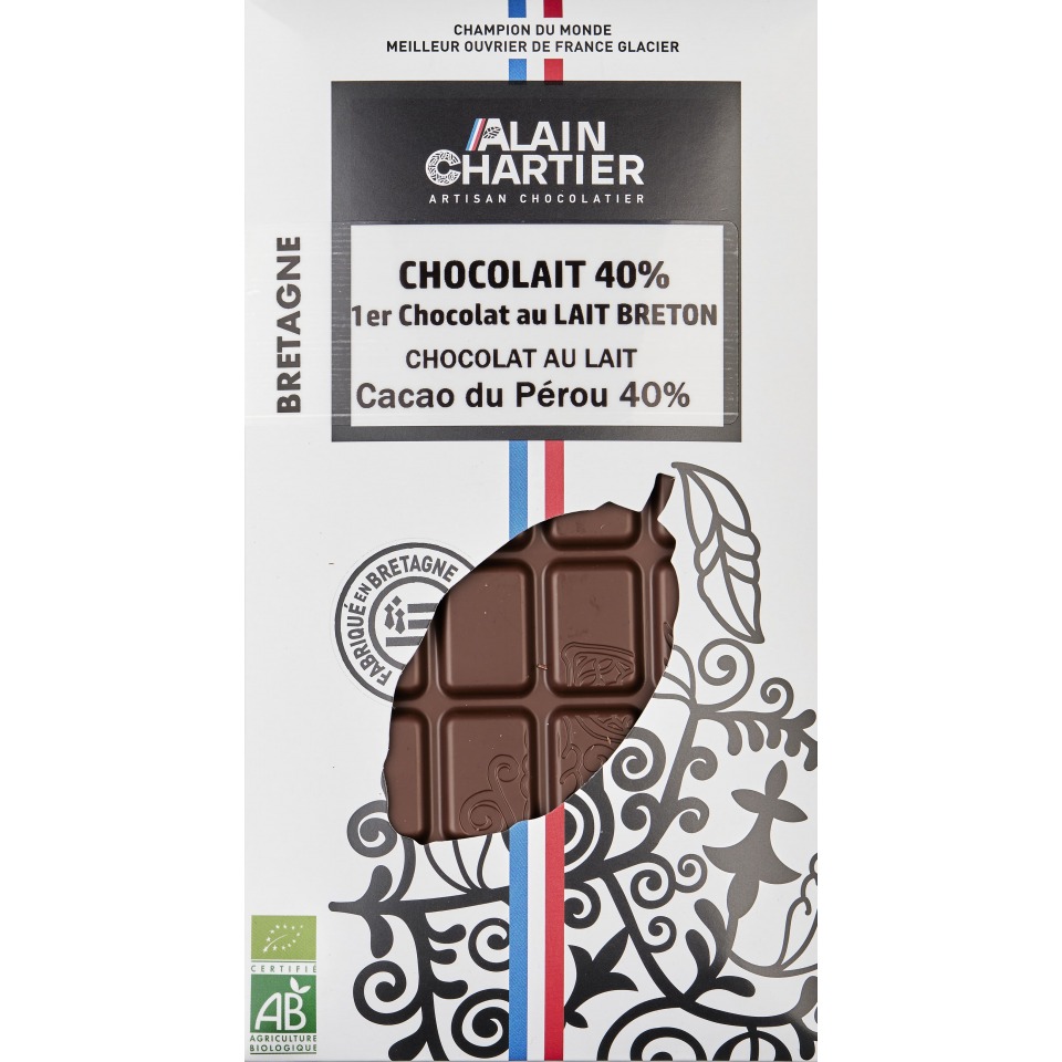 Tablette chocolat lait bio artisanal, Pérou 39% lait breton| Alain CHARTIER
