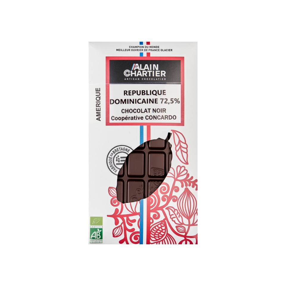 Tablette chocolat noir bio, artisanal République Dominicaine 72,5% | Alain CHARTIER